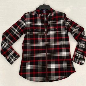 Chaps, size small, black, red and white, plaid shirt. Full zipper.